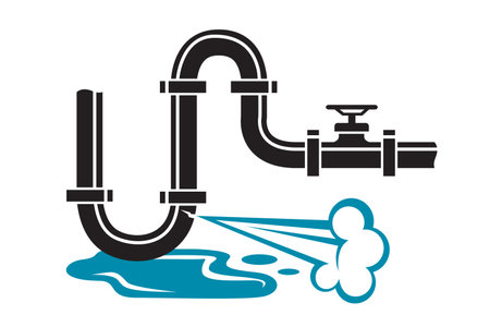 plumbing service icon with leaking pipe and water puddle isolated on white backgroundのイラスト素材