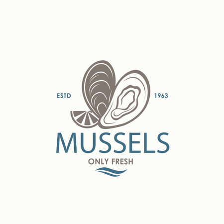 label of fresh mussel shell isolated on light backgroundのイラスト素材
