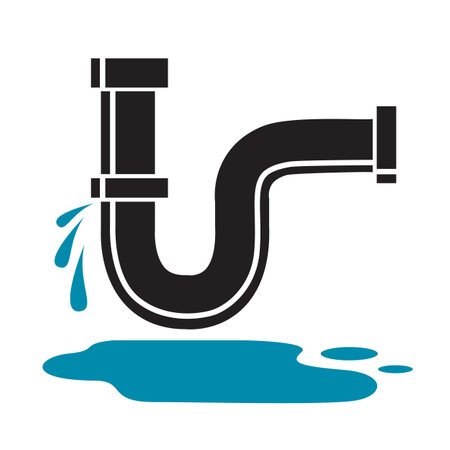 plumbing service icon with leaking pipe and water puddle isolated on white backgroundのイラスト素材