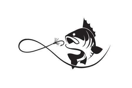 fishing emblem with perch and hook isolated on white backgroundのイラスト素材