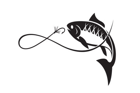 fishing emblem with fish and hook isolated on white backgroundのイラスト素材