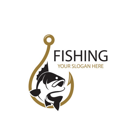 fishing emblem with fish and hook isolated on white backgroundのイラスト素材