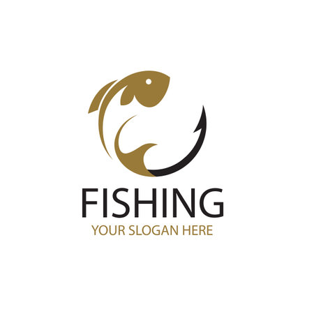 fishing emblem with fish and hook isolated on white backgroundのイラスト素材