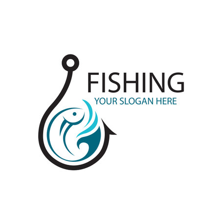fishing emblem with fish and hook isolated on white backgroundのイラスト素材