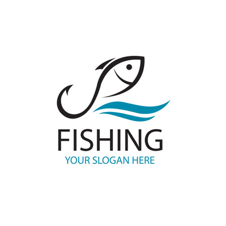 fishing emblem with fish and hook isolated on white backgroundのイラスト素材