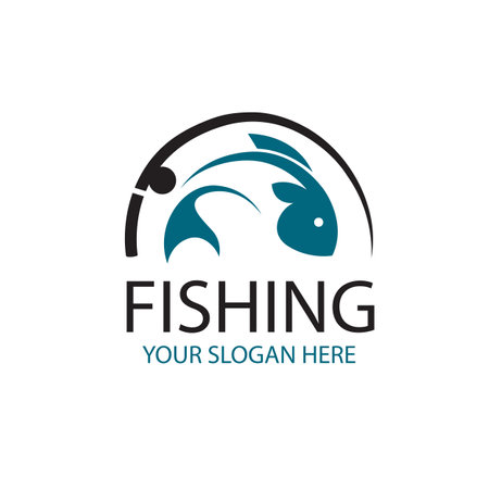 fishing emblem with fish and hook isolated on white backgroundのイラスト素材