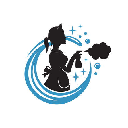 house maid lady for cleaning service design with spray bottle in hand isolated on white backgroundのイラスト素材