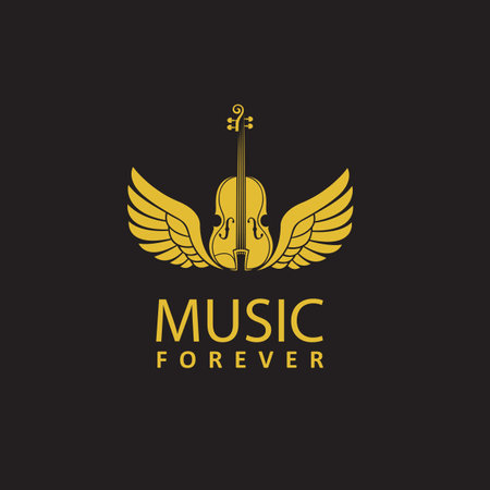 gold violin icon with wings isolated on black backgroundのイラスト素材