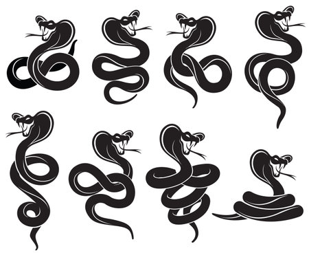 collection of black cobras isolated on white backgroundのイラスト素材