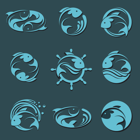 collection of abstract fish icon with wavesのイラスト素材