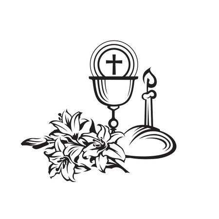 holy communion icon with lily, chalice, candle and bread isolated on white backgroundのイラスト素材