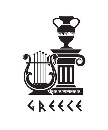 ancient greek symbol with column, amphora and lyre isolated on white backgroundのイラスト素材
