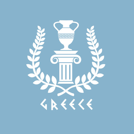 ancient greek symbol with column, amphora and laurel isolated on blue backgroundのイラスト素材