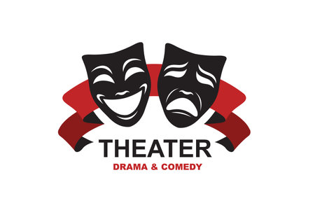 icon of comedy and tragedy theatrical masks with ribbon isolated on white backgroundのイラスト素材
