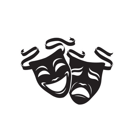 icon of comedy and tragedy theatrical masks with ribbon isolated on white backgroundのイラスト素材