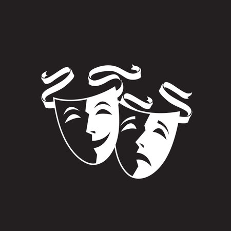 icon of comedy and tragedy theatrical masks with ribbon isolated on black backgroundのイラスト素材
