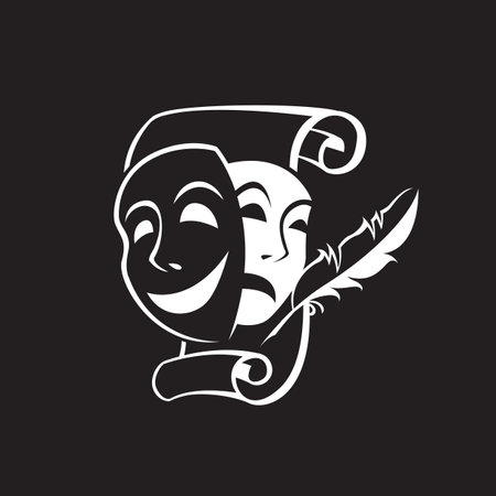 icon of comedy and tragedy theatrical masks with paper isolated on black backgroundのイラスト素材