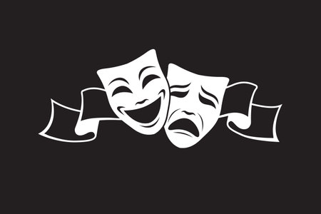 icon of comedy and tragedy theatrical masks with ribbon isolated on black backgroundのイラスト素材