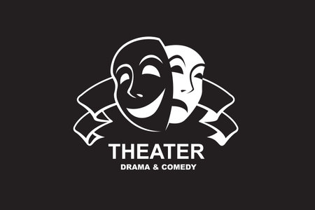 icon of comedy and tragedy theatrical masks with ribbon isolated on black backgroundのイラスト素材