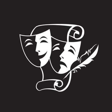 icon of comedy and tragedy theatrical masks with paper isolated on black backgroundのイラスト素材