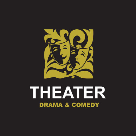 golden icon of comedy and tragedy theatrical masks isolated on black backgroundのイラスト素材