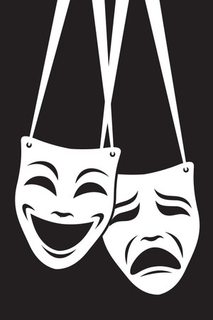 icon of comedy and tragedy theatrical masks with ribbon isolated on black backgroundのイラスト素材