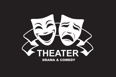 icon of comedy and tragedy theatrical masks with ribbon isolated on black backgroundのイラスト素材
