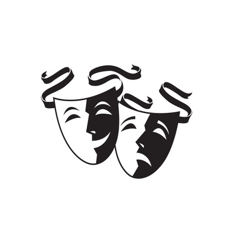 icon of comedy and tragedy theatrical masks with ribbon isolated on white backgroundのイラスト素材