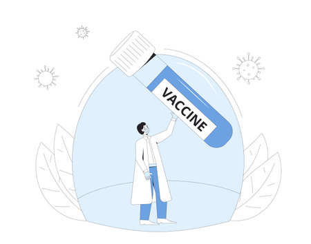 Vaccine reseach done concept. Coronavirus treatment complete development. Corona virus injection test. Laboratory finding prevention. Doctor conclude phase 3 study of covid medicine candidate.のイラスト素材
