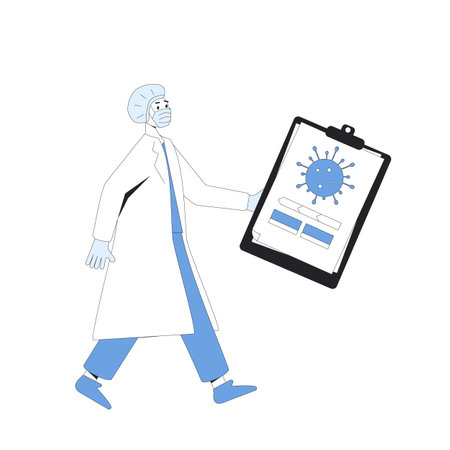 Coronavirusl reseach concept. Covid treatment pipeline. Scientists conclude phase 3 study of covid vaccine candidate. Doctor with medical report. Vector line art illustration.のイラスト素材
