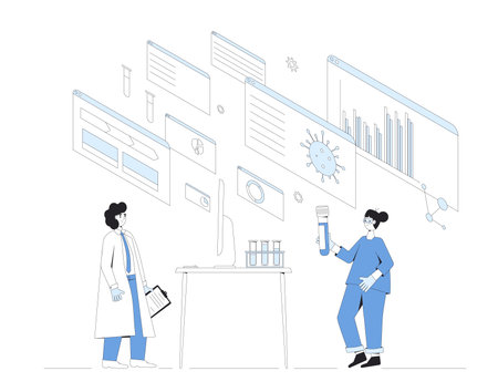 Vaccine reseach concept. treatment complete development. Laboratory finding prevention medicine. Scientists conclude phase 3 study vaccine candidate. Vector line art illustration.の素材 [FY310163022823]