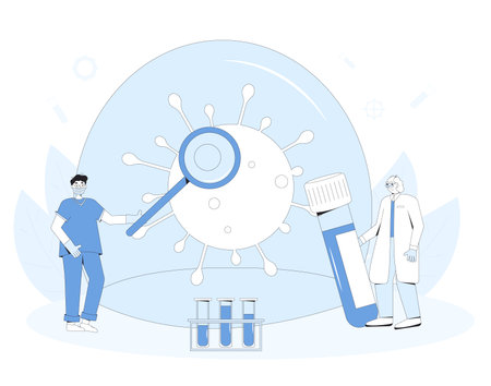Coronavirus medical reseach concept. Covid treatment complete development. Laboratory discovery prevention medicine. Scientists conclude phase 3 study of covid vaccine candidate. Vector line art illustration.のイラスト素材