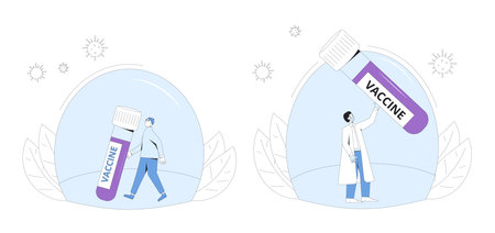 Vaccine reseach done concept. Coronavirus treatment complete development. Corona virus injection test. Laboratory finding prevention. Vector line art illustration.のイラスト素材