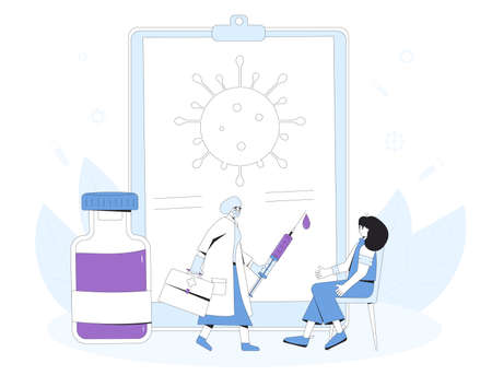 Vaccination concept.  virus treatment.  virus injection syringe. Doctor and patient. Vector line art flat illustration.のイラスト素材