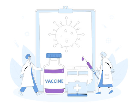 Coronavirus vaccine complete development. Corona virus injection syringe. Research of treatment and prevention medicine. Vector line art flat illustration.のイラスト素材