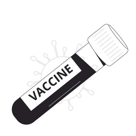 Vaccine isolated on white background. Flask of coronavirus vaccine for injection. Complete research and development.Vector line art flat illustration.のイラスト素材