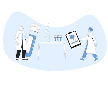 Vaccine reseach done concept. Coronavirus treatment complete development. Corona virus injection test. Laboratory finding prevention. Doctors conclude phase 3 study of covid medicine candidate.のイラスト素材