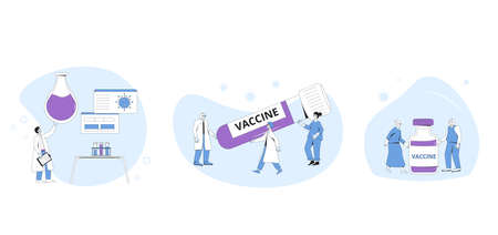 Coronavirus vaccination set. Corona virus treatment complete development. Laboratory finding prevention. Doctors conclude phase 3 study of covid medicine candidate.のイラスト素材