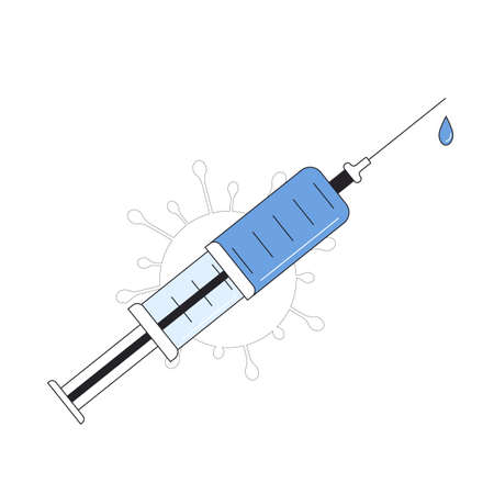 Vaccine injection isolated on white background. Syringe of  vaccine. Complete research and development. Vector line art flat illustration.のイラスト素材