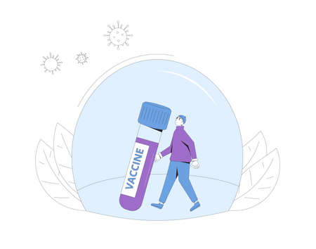 Vaccine concept. Coronavirus protection. Corona virus prevention medicine.Young man with huge bottle of vaccine. Male character with immunization. Vector line art illustration.のイラスト素材
