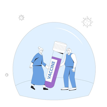 Vaccine concept.  protection.  virus prevention medicine. Elderly couple with huge bottle of vaccine. Senior man and woman characters with immunization. Vector line art illustration.のイラスト素材