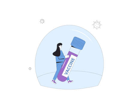 Vaccine concept. Coronavirus protection. Corona virus prevention medicine. Woman with huge bottle of vaccine. Female character with immunization. Vector line art illustration.のイラスト素材