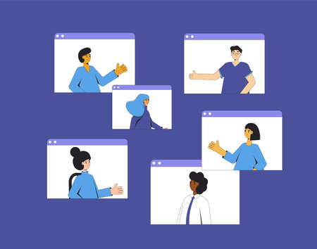 Video call conference. Friends online meeting. Digital communication. People talking to each other on computer screen. Vector color line art flat illustration.のイラスト素材