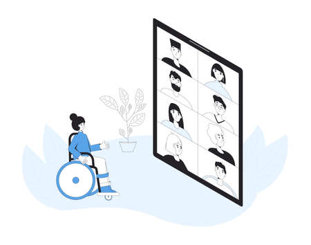 Video call conference. Online meeting. Digital communication. People talking to each other on tablet screen. Phone with video chat isolated on white background. Remote teamwork. Vector illustration.のイラスト素材