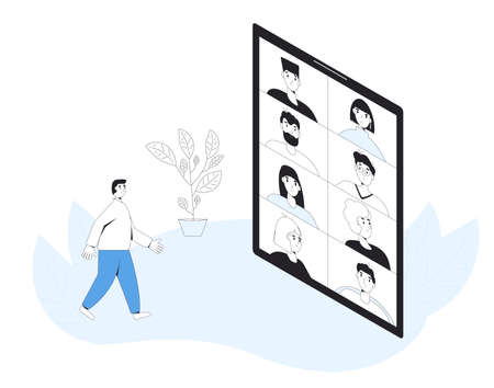 Video call conference. Online meeting. Digital communication. People talking to each other on tablet screen. Remote teamwork. Vector color line art flat illustration.のイラスト素材