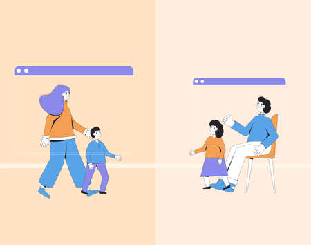 Family video call conference. Online meeting. Digital communication. Father, mother, son and daughter virtual talking to each other with internet. Vector color line art flat illustration.のイラスト素材