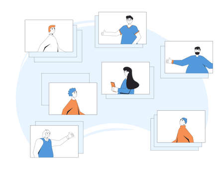 Video call conference. Friends online meeting. Digital communication. People talking to each other on computer screen. Vector color line art flat illustration.のイラスト素材