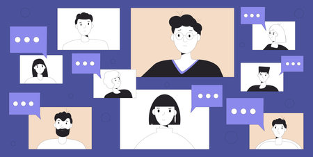 Video call conference. Online meeting. Digital communication. People talking to each other on internet. Remote teamwork or learning. Vector color line art flat illustration.のイラスト素材