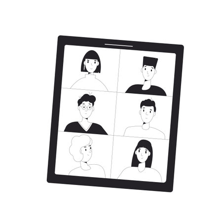 Video call conference. Online meeting. Digital communication. People talking to each other on tablet screen. Phone with video chat isolated on white background. Remote teamwork. Vector illustration.のイラスト素材