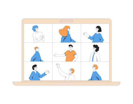 Video call team conference. Online friensa meeting. Digital communication. People talking to each other on laptop screen. Remote teamwork. Vector color line art flat illustration.のイラスト素材